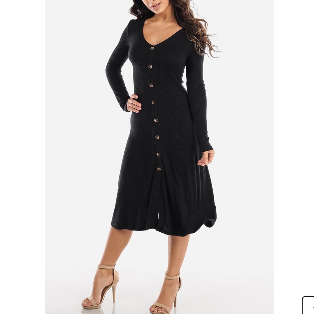 V-neck Long Sleeve Button Down Sweater Dress